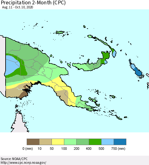 Papua New Guinea Precipitation 2-Month (CPC) Thematic Map For 8/11/2020 - 10/10/2020
