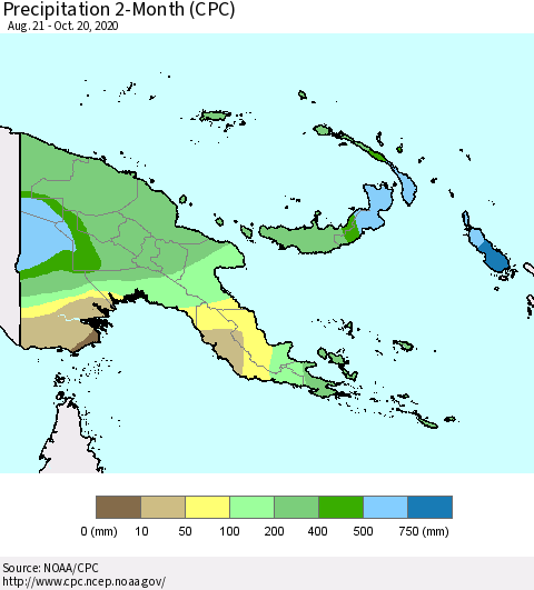 Papua New Guinea Precipitation 2-Month (CPC) Thematic Map For 8/21/2020 - 10/20/2020