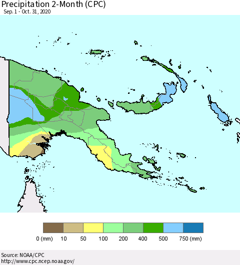 Papua New Guinea Precipitation 2-Month (CPC) Thematic Map For 9/1/2020 - 10/31/2020