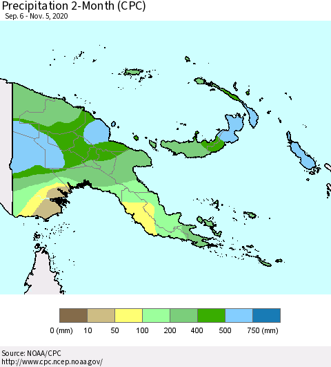 Papua New Guinea Precipitation 2-Month (CPC) Thematic Map For 9/6/2020 - 11/5/2020