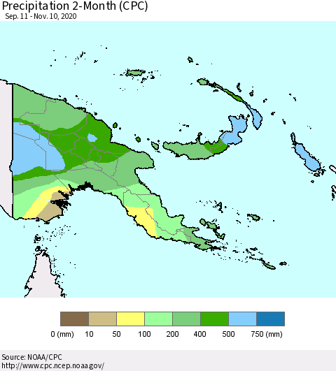 Papua New Guinea Precipitation 2-Month (CPC) Thematic Map For 9/11/2020 - 11/10/2020