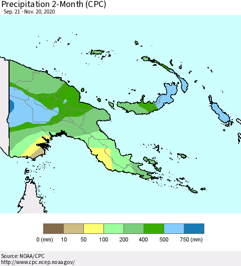 Papua New Guinea Precipitation 2-Month (CPC) Thematic Map For 9/21/2020 - 11/20/2020