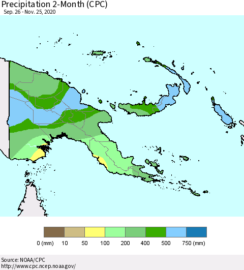 Papua New Guinea Precipitation 2-Month (CPC) Thematic Map For 9/26/2020 - 11/25/2020