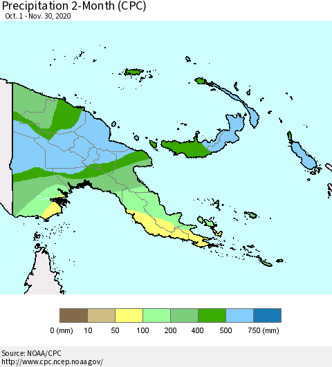 Papua New Guinea Precipitation 2-Month (CPC) Thematic Map For 10/1/2020 - 11/30/2020