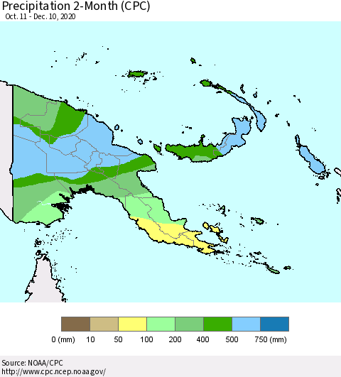 Papua New Guinea Precipitation 2-Month (CPC) Thematic Map For 10/11/2020 - 12/10/2020
