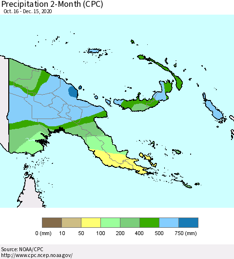 Papua New Guinea Precipitation 2-Month (CPC) Thematic Map For 10/16/2020 - 12/15/2020