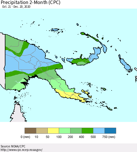 Papua New Guinea Precipitation 2-Month (CPC) Thematic Map For 10/21/2020 - 12/20/2020