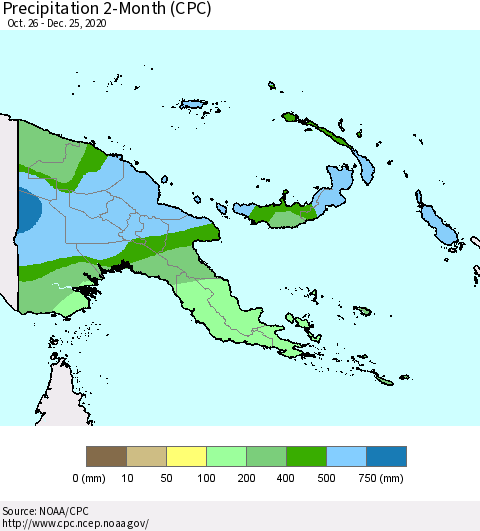 Papua New Guinea Precipitation 2-Month (CPC) Thematic Map For 10/26/2020 - 12/25/2020