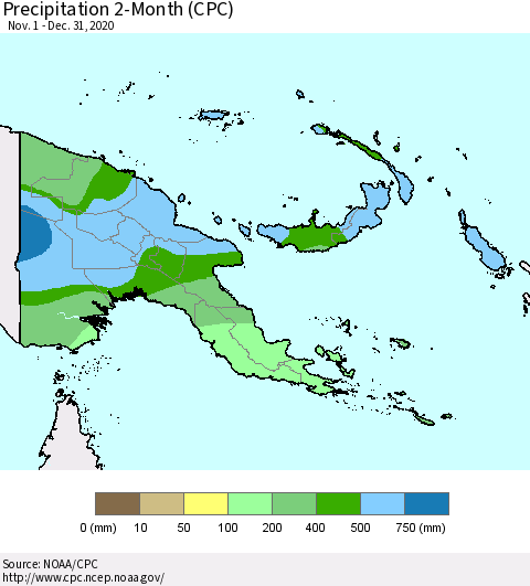 Papua New Guinea Precipitation 2-Month (CPC) Thematic Map For 11/1/2020 - 12/31/2020