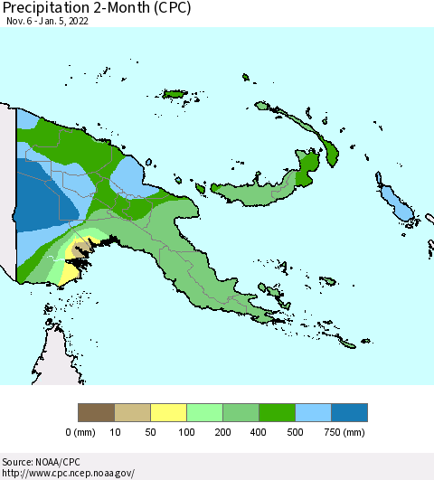 Papua New Guinea Precipitation 2-Month (CPC) Thematic Map For 11/6/2021 - 1/5/2022