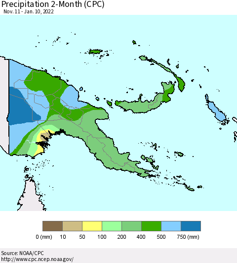 Papua New Guinea Precipitation 2-Month (CPC) Thematic Map For 11/11/2021 - 1/10/2022