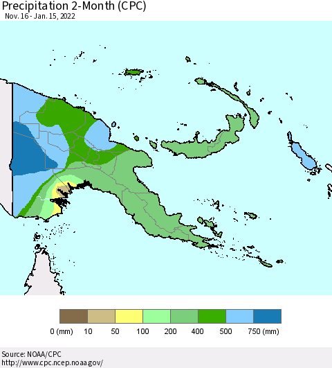 Papua New Guinea Precipitation 2-Month (CPC) Thematic Map For 11/16/2021 - 1/15/2022