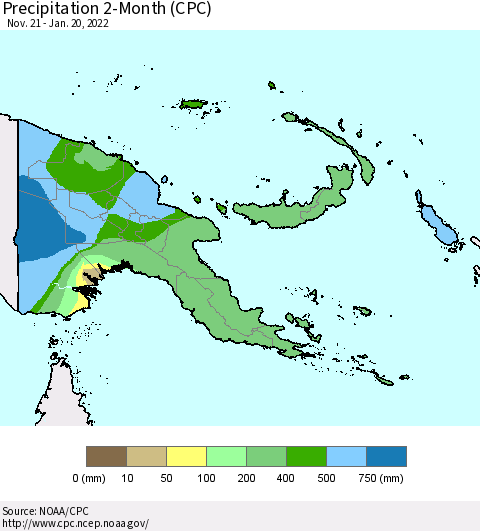 Papua New Guinea Precipitation 2-Month (CPC) Thematic Map For 11/21/2021 - 1/20/2022