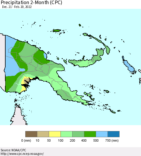 Papua New Guinea Precipitation 2-Month (CPC) Thematic Map For 12/21/2021 - 2/20/2022
