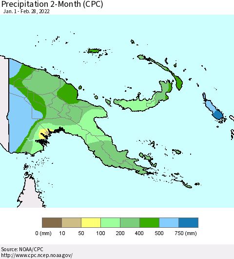 Papua New Guinea Precipitation 2-Month (CPC) Thematic Map For 1/1/2022 - 2/28/2022