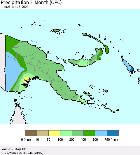 Papua New Guinea Precipitation 2-Month (CPC) Thematic Map For 1/6/2022 - 3/5/2022