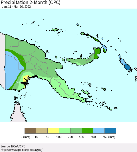 Papua New Guinea Precipitation 2-Month (CPC) Thematic Map For 1/11/2022 - 3/10/2022