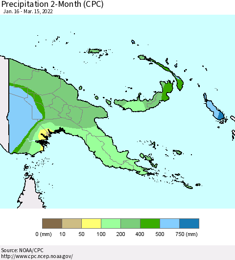 Papua New Guinea Precipitation 2-Month (CPC) Thematic Map For 1/16/2022 - 3/15/2022
