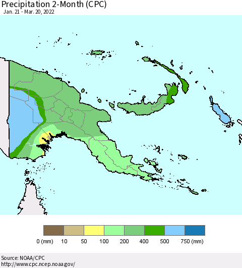 Papua New Guinea Precipitation 2-Month (CPC) Thematic Map For 1/21/2022 - 3/20/2022