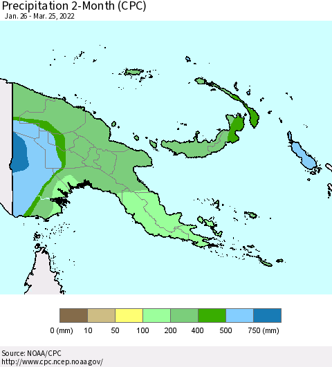 Papua New Guinea Precipitation 2-Month (CPC) Thematic Map For 1/26/2022 - 3/25/2022
