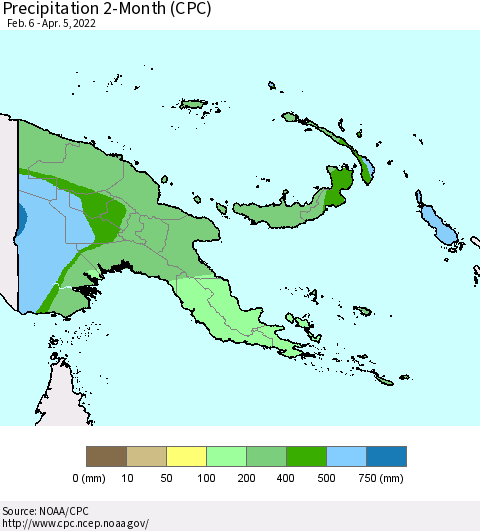 Papua New Guinea Precipitation 2-Month (CPC) Thematic Map For 2/6/2022 - 4/5/2022