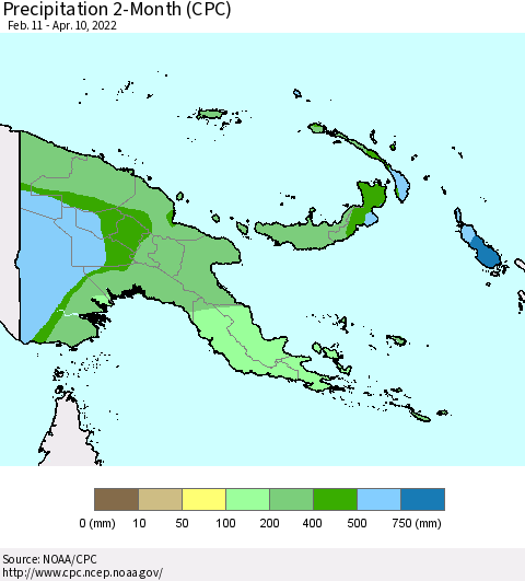 Papua New Guinea Precipitation 2-Month (CPC) Thematic Map For 2/11/2022 - 4/10/2022