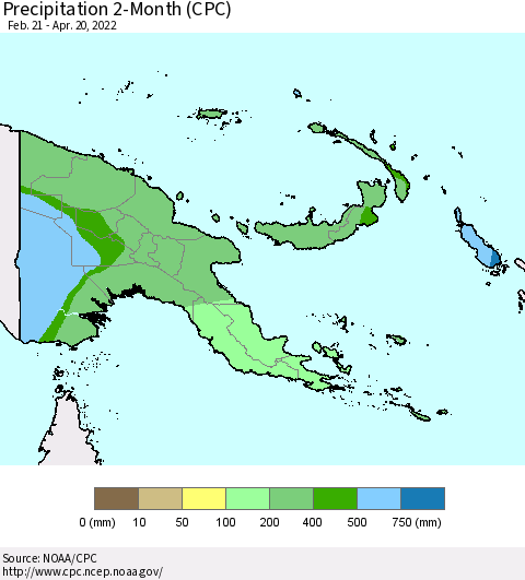 Papua New Guinea Precipitation 2-Month (CPC) Thematic Map For 2/21/2022 - 4/20/2022