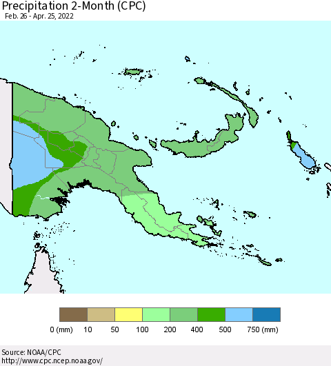 Papua New Guinea Precipitation 2-Month (CPC) Thematic Map For 2/26/2022 - 4/25/2022