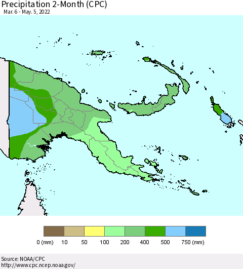 Papua New Guinea Precipitation 2-Month (CPC) Thematic Map For 3/6/2022 - 5/5/2022