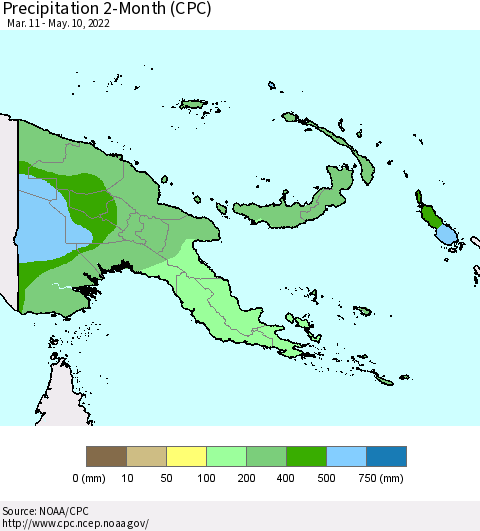 Papua New Guinea Precipitation 2-Month (CPC) Thematic Map For 3/11/2022 - 5/10/2022