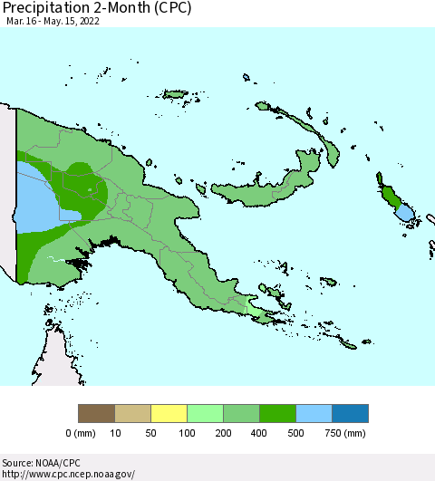 Papua New Guinea Precipitation 2-Month (CPC) Thematic Map For 3/16/2022 - 5/15/2022