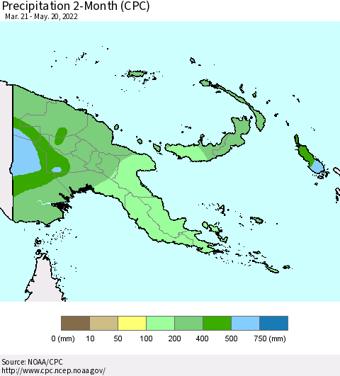 Papua New Guinea Precipitation 2-Month (CPC) Thematic Map For 3/21/2022 - 5/20/2022