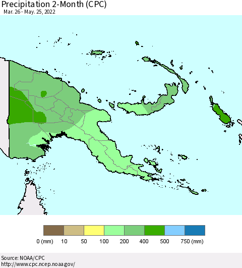 Papua New Guinea Precipitation 2-Month (CPC) Thematic Map For 3/26/2022 - 5/25/2022