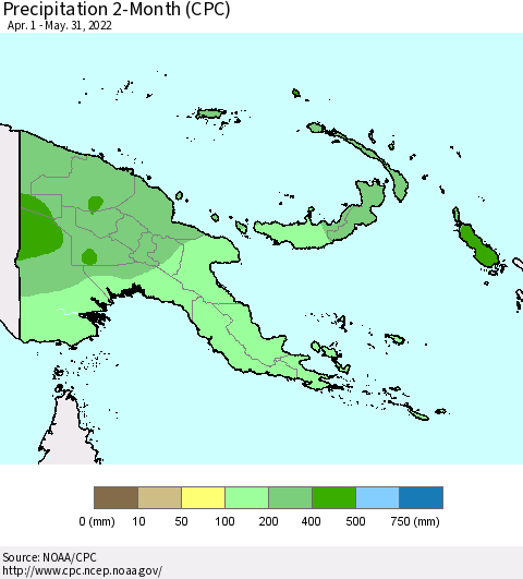 Papua New Guinea Precipitation 2-Month (CPC) Thematic Map For 4/1/2022 - 5/31/2022