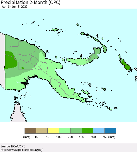 Papua New Guinea Precipitation 2-Month (CPC) Thematic Map For 4/6/2022 - 6/5/2022
