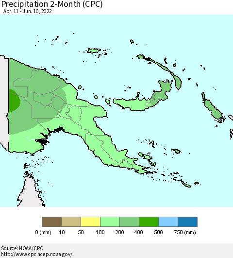 Papua New Guinea Precipitation 2-Month (CPC) Thematic Map For 4/11/2022 - 6/10/2022