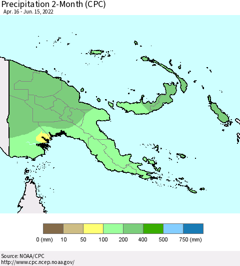 Papua New Guinea Precipitation 2-Month (CPC) Thematic Map For 4/16/2022 - 6/15/2022