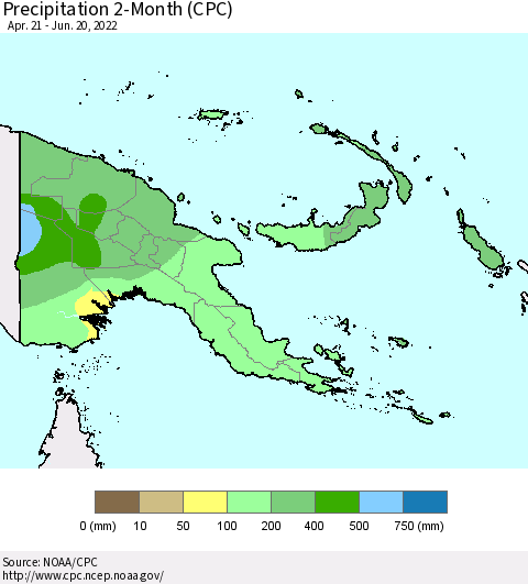 Papua New Guinea Precipitation 2-Month (CPC) Thematic Map For 4/21/2022 - 6/20/2022