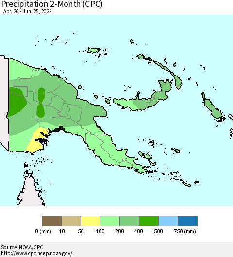 Papua New Guinea Precipitation 2-Month (CPC) Thematic Map For 4/26/2022 - 6/25/2022