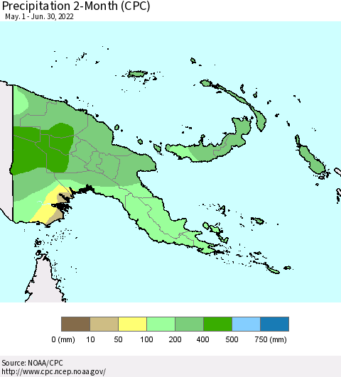 Papua New Guinea Precipitation 2-Month (CPC) Thematic Map For 5/1/2022 - 6/30/2022