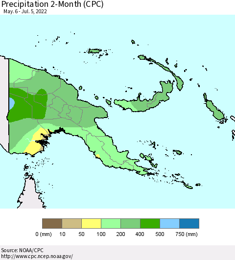 Papua New Guinea Precipitation 2-Month (CPC) Thematic Map For 5/6/2022 - 7/5/2022