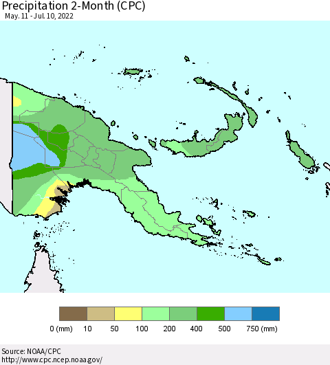 Papua New Guinea Precipitation 2-Month (CPC) Thematic Map For 5/11/2022 - 7/10/2022