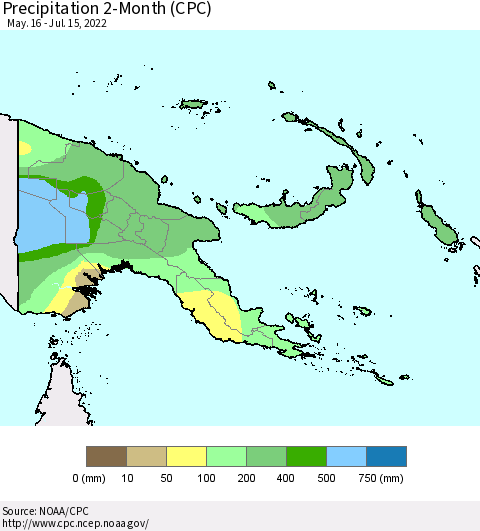 Papua New Guinea Precipitation 2-Month (CPC) Thematic Map For 5/16/2022 - 7/15/2022