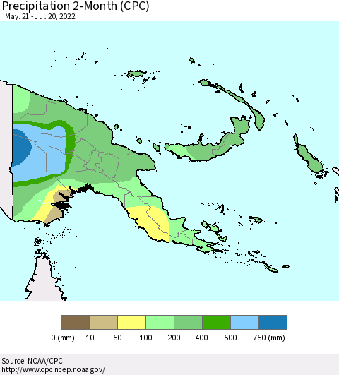 Papua New Guinea Precipitation 2-Month (CPC) Thematic Map For 5/21/2022 - 7/20/2022
