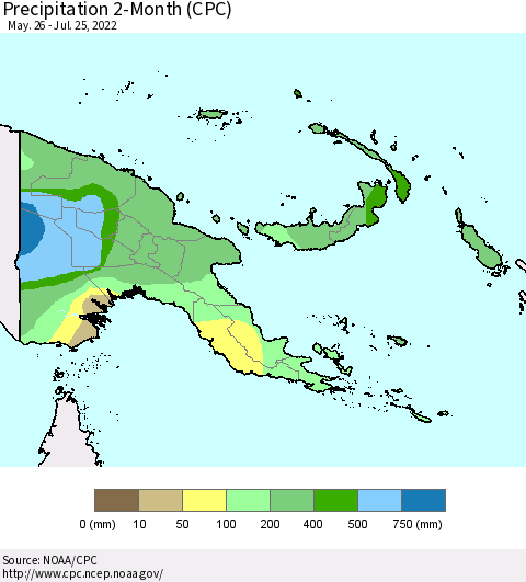 Papua New Guinea Precipitation 2-Month (CPC) Thematic Map For 5/26/2022 - 7/25/2022