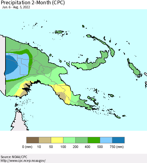 Papua New Guinea Precipitation 2-Month (CPC) Thematic Map For 6/6/2022 - 8/5/2022