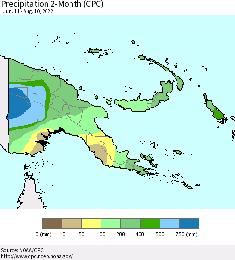 Papua New Guinea Precipitation 2-Month (CPC) Thematic Map For 6/11/2022 - 8/10/2022
