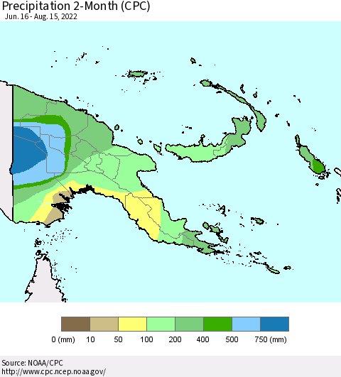 Papua New Guinea Precipitation 2-Month (CPC) Thematic Map For 6/16/2022 - 8/15/2022