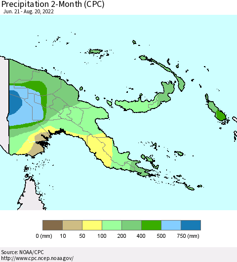 Papua New Guinea Precipitation 2-Month (CPC) Thematic Map For 6/21/2022 - 8/20/2022