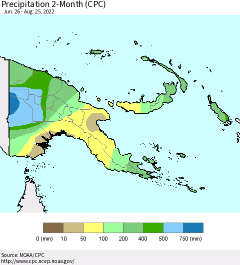 Papua New Guinea Precipitation 2-Month (CPC) Thematic Map For 6/26/2022 - 8/25/2022
